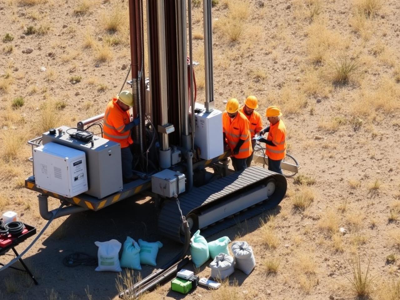 Drill rig and crew collecting samples on an exploration site