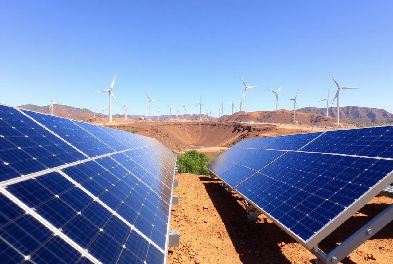 Solar panels and wind turbines powering a Radebe open-pit mine