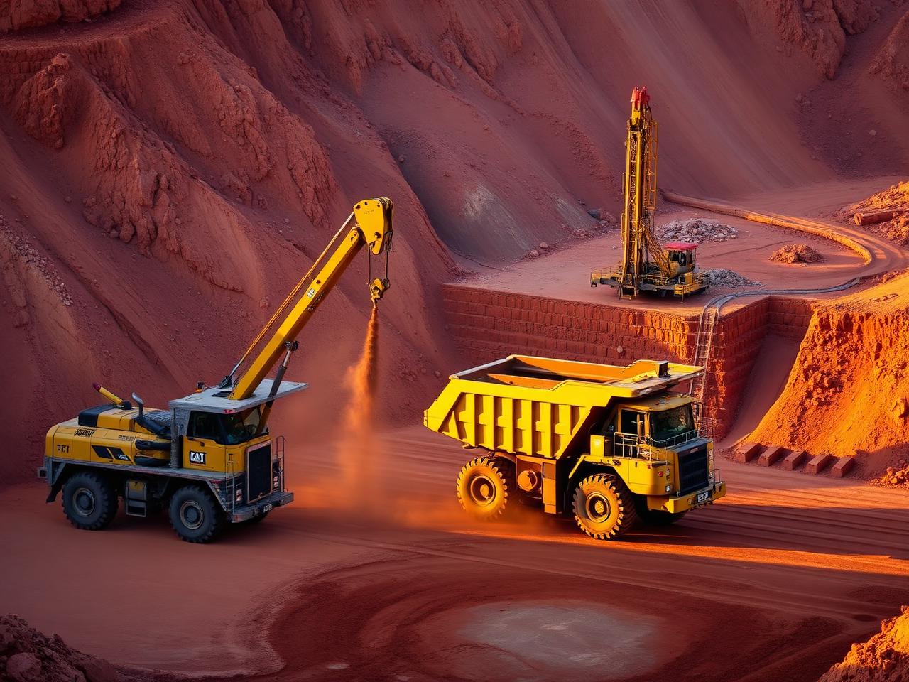 Excavator loading a haul truck at an open pit mining operation