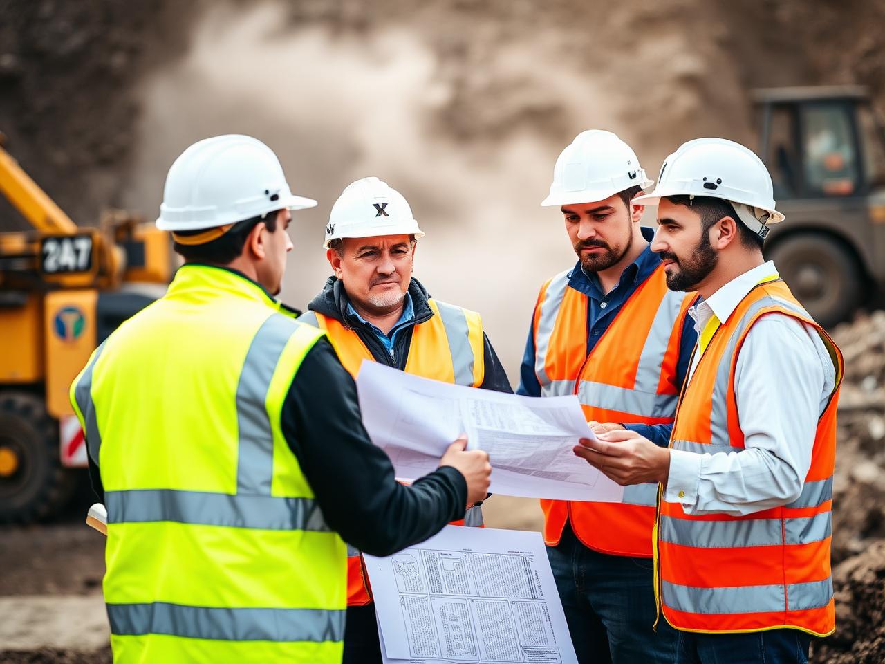 Mining engineers reviewing plans on site